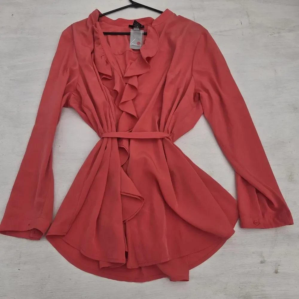 Lane Bryant Button Up Shirt Plus Size 18/20 Long Sleeve Pink Waist Tied Ruffles
